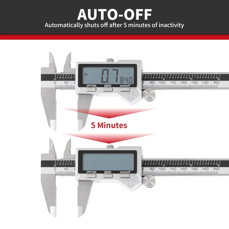 UNIPEC 6" / 150 mm Stainless Steel Digital Caliper (IP54) & Stainless Steel Rule Set, Inch/Millimeter/Fraction Conversion, Splash-Proof Protection with Large LCD Display – Precision Measuring Tools - Image 5